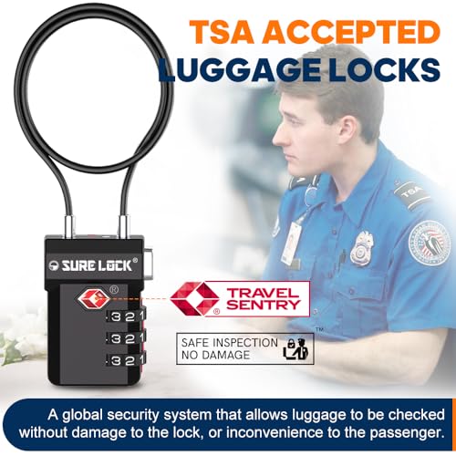 SURE LOCK TSA Approved Luggage Locks with Open Alert Indicator, 3 Digit Combination Cable Travel Lock for Suitcase, Backpack, Gym Locker, Toolbox, Carry On & Travel Bag - color: EXTRA LONG CABLE