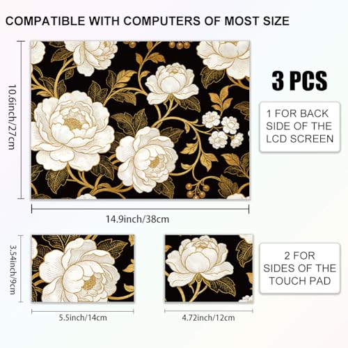 3Pcs White Flowers Laptop Skin Sticker Plants Universal Removable Vinyl Stickers Fits for 12.1 13 14 15.6 16 Inch Waterproof Notebook Decal Cover Gift for Woman - color: Black and White
