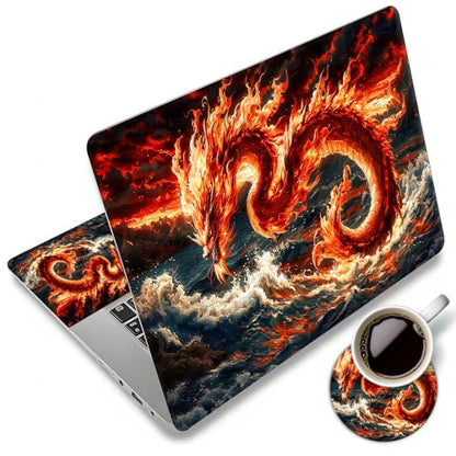 Laptop Skin Sticker Decal 12"-15.6" Universal Laptop/Notebook/Netbook Vinyl - Waterproof Scratch Resistant,Fits HP Dell Lenovo MacBook,2 Free Wrist Pads,Easy Apply & Remove,Fire Dragon Ocean - color: Fire Dragon Ocean