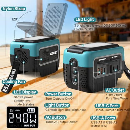 240W Power Inverter Pure Sine Wave for Ma-Ki-ta 18V Battery | No Battery, 7A Fast Charger,Portable Power Station with 120V AC Outlets, USB-C (140W), 2 QC USB Ports(18W), 600LM LED - color: Teal