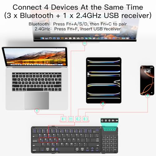 Foldable Bluetooth Keyboard with Touchpad Numpad Multi-Device Rechargeable | 2-in-1 Folding Keyboard with Trackpad & Number Pad Portable Travel Keyboard for iPad,Laptop,PC Windows,iOS,Android,MacOS