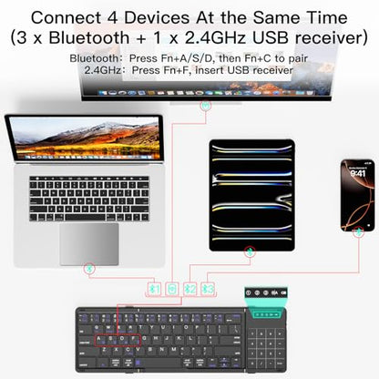 Foldable Bluetooth Keyboard with Touchpad Numpad Multi-Device Rechargeable | 2-in-1 Folding Keyboard with Trackpad & Number Pad Portable Travel Keyboard for iPad,Laptop,PC Windows,iOS,Android,MacOS