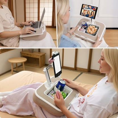 Tablet Pillow Stand with Snack Bowl and Writing Board, 360° Rotating Phone Holder for 4.7-13" Phone Kindle Tablet, Pillow Kindle Holder for Reading in Bed, Couch,Recliner,Floor Etc-Beige - color: Beige