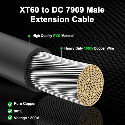 XT60 to DC 8mm Charging Cable 5FT,14AWG XT60 Female to DC7909 Male with DC5525 Adapter Solar Panel Cable Compatible for RC Cars Portable Power Station Solar Generator and Solar Panel