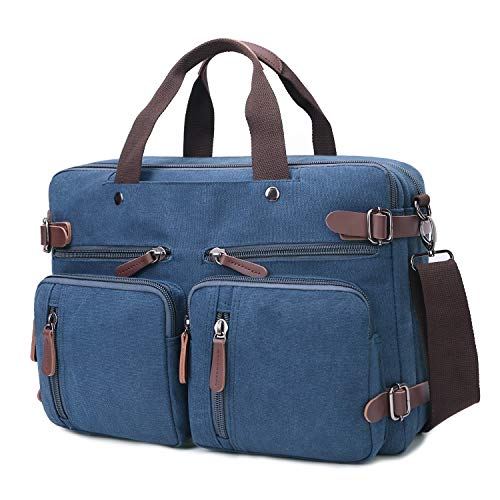 CROCOD 3 In 1 Canvas Convertible Laptop Bag for Men Women, 17.3 inch Laptop Messenger Bag Work Briefcase, Computer Shoulder Bag for Travel Business Office (17.3 Inch, Blue) | 3 In 1 - color: Blue