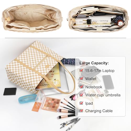 Laptop Tote Bag for Women 17 Inch, Teacher Bag with Compartments Canvas Computer Bag with 15 Pockets Work Tote Bag Travel Business Briefcase Office Handbag Bag with Shoulder Straps - color: A2-brown/Beige Canvas