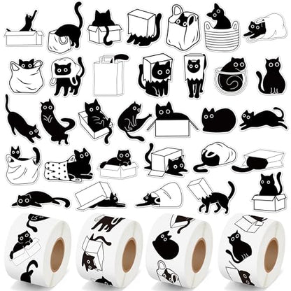 CNhoqc Black Cat Sticker Rolls - 2000Pcs Black White Cute Black Cat Animal Water Bottle Stickers Coloring Book Self Adhesive Waterproof Vinyl Scrapbook Supplies Page Activity Pad Birthday Party Favors - style: Black Cat 4-Rolls