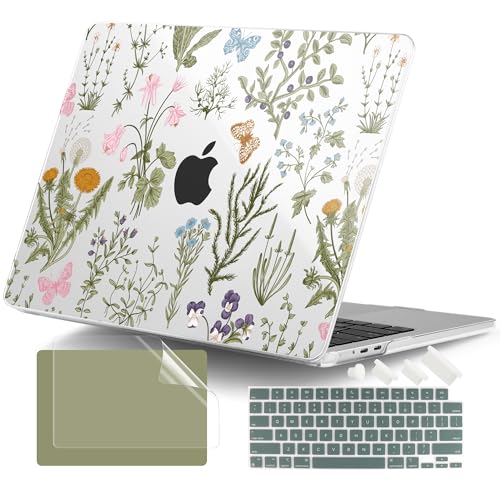 for MacBook Air 13 Inch (13.6 Inch) Case, M5/M4/M3/M2 Chip 2026 2025 2024 2023 2022, Hard Plastic Printed Cover with Screen Protector & Keyboard Cover & Dust Plugs, Wildflower & Butterfly - color: Wildflower & Butterfly