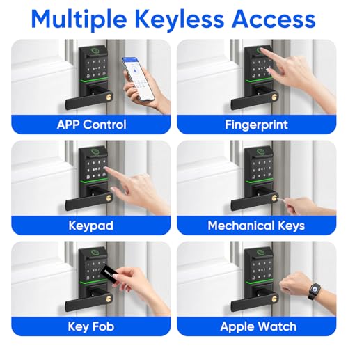 Smart Fingerprint Door Lock Handle, 7-in-1 Keypad Keyless Deadbolt | Smart Auto Lock Door with Phone/Watch App Control, Bluetooth Entry Door Lock, TT Lock APP Control, Reversible Handle - color: Black Keypad Lock with Handle