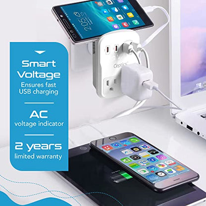 Ceptics World Travel Adapter Kit 2 USB-A, USB-C US Outlets, 20W/QC 18W Power Delivery, Surge Protection, SWADAPT Compatible for Europe, UK, China, Australia, Japan Perfect Laptop (WPS-5B) - color: white