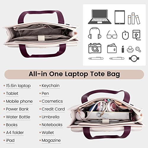 LOVEVOOK Laptop Bag Women 15.6 Inch Laptop Tote Professional Leather Computer Briefcase Waterproof Shoulder Bag Large Capacity Business Teacher Office Crossbody Purse - color: Purple/Beige-1, size: 15.6 Inch