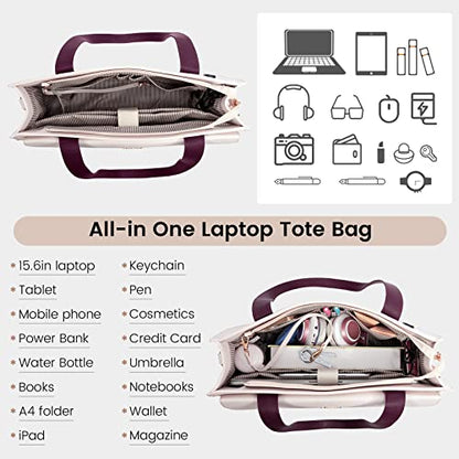 LOVEVOOK Laptop Bag Women 15.6 Inch Laptop Tote Professional Leather Computer Briefcase Waterproof Shoulder Bag Large Capacity Business Teacher Office Crossbody Purse - color: Purple/Beige-1, size: 15.6 Inch