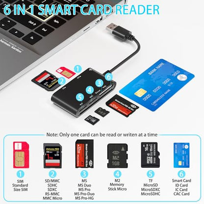 Sim Card Reader CAC Smart Card Reader Military, 6 in 1 DOD Military USB Common Access/SIM/SD/TF/MS/M2/ID/IC Card Adapter, USB A Sim Card Adapter Compatible with Windows, Linux/Unix, MacOS X