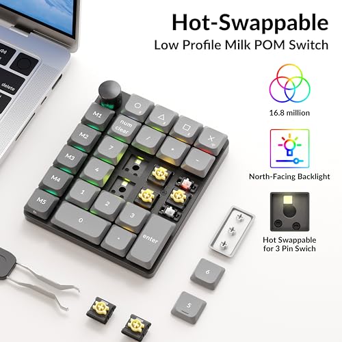 Keychron K0 Max Wireless Low-Profile Number Pad, QMK/VIA Programmable, Hot-Swappable Banana Switch, RGB Backlit, 2.4GHz & Bluetooth 5.3, 1000Hz Polling Rate, with Knob, for Windows/Mac - color: Banana Switch, size: Black
