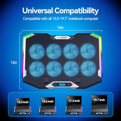 Gaming Laptop Cooling Pad with 8 Cooling Fans, Laptop Fan Cooler Pad for 15-17.3 Inch, Notebook Cooler Stand with 6 Height Adjustable, RGB Cooling Pad with Two USB Port + Phone Stand - size: 8 Fans