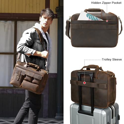 TIDING Leather Briefcase for Men 17.3" Laptop Business Travel Messenger Bag | Large Opening Main Compartment, Detachable Laptop Sleeve, Multi Pockets, Luggage Strap, Anti-theft Pocket - color: Dark Brown