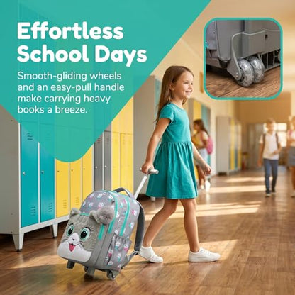 Kids Fluffy Cat Rolling Backpack for Girls, Bookbag Wheeled Gray | Trolley Suitcases Luggage, Travel with Wheels, 3PCS Roller Backpacks Set, Toddler School Bags, Elementary Back Pack - color: Gray-0121-maomi