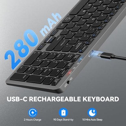 TECKNET Rechargeable Bluetooth Slim Wireless Keyboards USB+BT Multi Device | Compact Keyboard with Number Pad, Low Profile Flat Keyboards for Laptop, Computer, Macbook, Mac, Windows