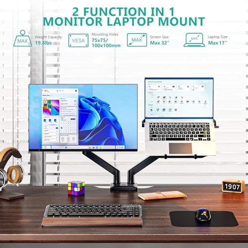 WALI Laptop Desk Mount, Dual Monitor Arm with Laptop Holder, Adjustable Height Laptop Arm Mount for Desk, Fits 17” Notebook and 32” Monitors, Up to 22Lbs (GSMP002LP), Black - size: Dual, style: Adjustable Desk Mount