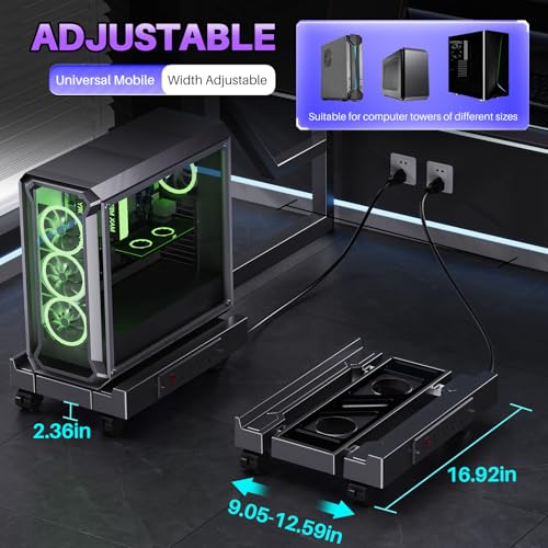 Adjustable Computer Tower Stand with Charging Station, PC Stand for Floor, Mobile CPU Holder with 4 Caster Wheels Fits Most PC Tower, Under Desk CPU Holder for Office,Gamers and Students - style: With Socket