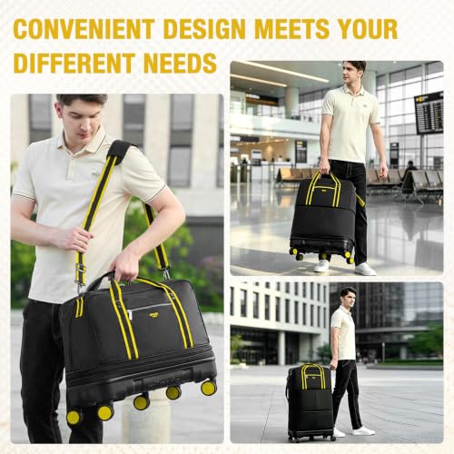 Rolling Duffle Bag with Detachable Wheels, Large Capacity Expandable Foldable Suitcase for Travel,Collapsible Luggage Carry on Duffel Overnight Weekend Bags - color: Yellow