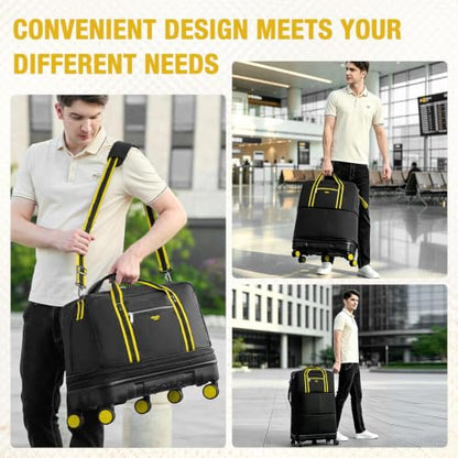 Rolling Duffle Bag with Detachable Wheels, Large Capacity Expandable Foldable Suitcase for Travel,Collapsible Luggage Carry on Duffel Overnight Weekend Bags - color: Yellow