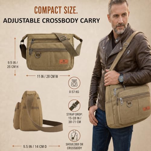 Rfid Crossbody Messenger Bag with Water Bottle Holders, 13 inch Laptop Shoulder Bag, Sling Satchel Purse w/Built-in Wallet - color: Khaki