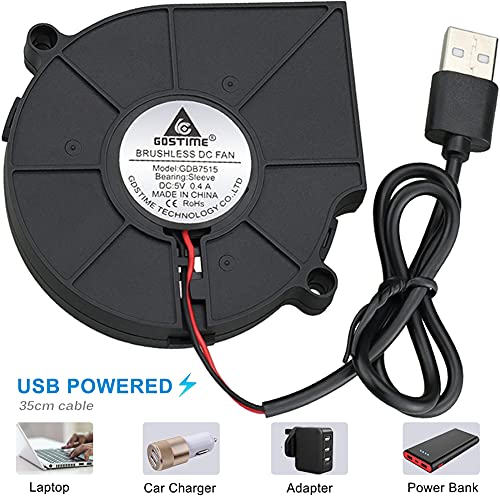 GDSTIME 75mm USB Blower Fan with 3 Speeds Control, 7515 5V DC Brushless Turbine Turbo Cooling Fan for Helmet Laptop 3D Printer Ventilaiton - size: 75mm x 15mm