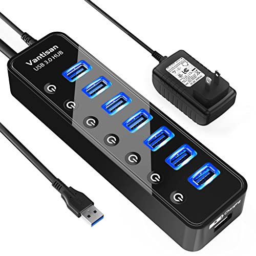 USB Hub 3.0 Powered, 7 Ports USB Data Hub Splitter with One Smart Charging Port and 5V/4A Powered Adapter and ON/Off Switches for MacBook, Mac Pro/Mini, iMac, Surface Pro Laptop/PC - color: black