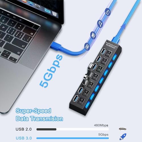 USB Hub 3.0, VIENON 7-Port USB Extender Splitter with Individual LED ON/Off Switches, USB3.0 Hub for Laptop, PC, MacBook, Mac Pro, Mac mini, iMac, Surface Pro and More USB Devices-2FT