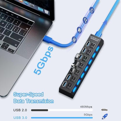 USB Hub 3.0, VIENON 7-Port USB Extender Splitter with Individual LED ON/Off Switches, USB3.0 Hub for Laptop, PC, MacBook, Mac Pro, Mac mini, iMac, Surface Pro and More USB Devices-2FT