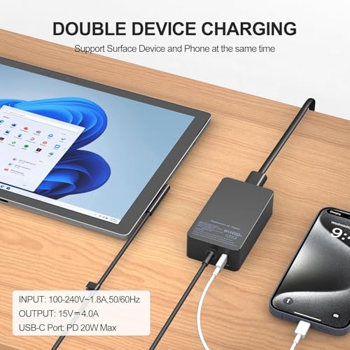 65W Surface Laptop Charger for Microsoft Surface Pro 11/10/9/8/7/7+/6/5/4/3/X, Surface Laptop 7/6/5/4/3/2, Surface Go 4/3/2, Surface Book 3/2/1,Surface Pro Charger 9ft - color: black