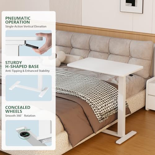 Ywin Medical Adjustable Overbed Bedside Table with Wheels, Rolling Standing Desk, Pneumatic Small Side Bed Table with Tray for Couch, Hospital, Home,Office Use (White) - color: White, size: 32''W X16''D