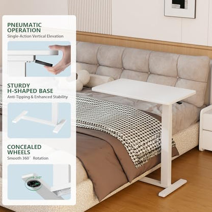 Ywin Medical Adjustable Overbed Bedside Table with Wheels, Rolling Standing Desk, Pneumatic Small Side Bed Table with Tray for Couch, Hospital, Home,Office Use (White) - color: White, size: 28''W X16''D