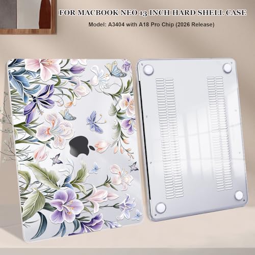 for MacBook Neo 13 inch Case 2026 A3404 with A18 Pro Chip, Anti-Scratch Slim Pattern Plastic Hard Shell Case 13-inch Neo Protective Cover with Keyboard Cover & Screen Film, Purple Flowers - color: Purple Flowers