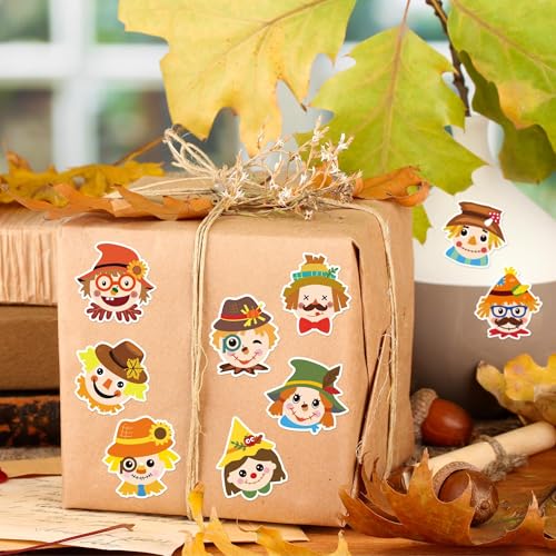 Haooryx Fall Scarecrow Sticker Rolls, 1000Pcs Autumn Scrapbook Stickers | waterproof vinyl self adhesive junk journal water bottle laptop scrapbooking supplies greeting card making party favor s - style: Fall-Theme Scarecrow Head 2Roll