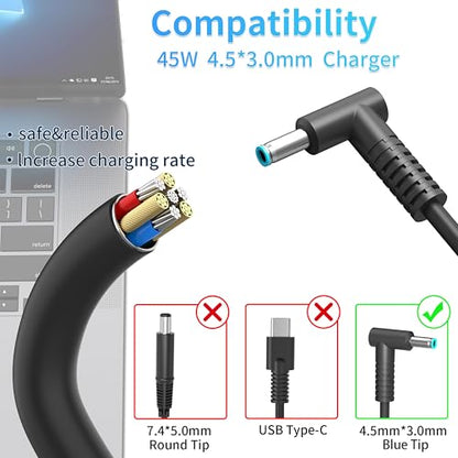 45W Charger Compatible with HP Notebook 15 HP Pavilion 14 TPN-LA15 TPN-CA14 r-41013153 L25296-002 L25296-001 L25296-003 741727-001 L25296-011 213349-109 19.5V 2.31A Smart Blue tip Laptop Power Adapter