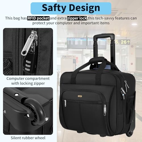 Rolling Laptop Briefcase Water-Resistant 17.3" Roller Computer Bag with wheels Travel Rolling Laptop Bag with RFID Pocket Lockable Zipper Underseat Carry On Luggage Work Travel Business Men Women