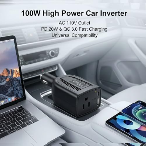 HearGrow 100W Power Inverter for Vehicle: Fanless Direct Cigarette Lighter Car Charger Adapter - Black Ultra Compact Silent Plug-in Outlet for Laptop CPAP Camping Road Trip & Emergency - color: Black