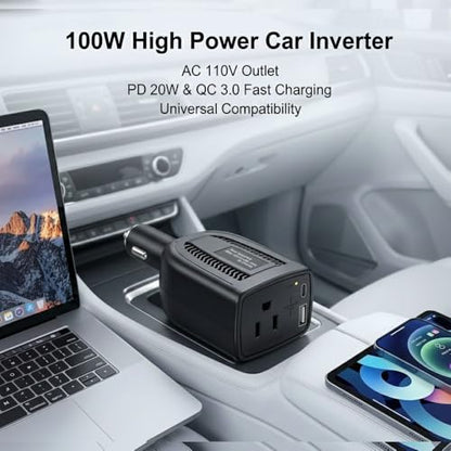 HearGrow 100W Power Inverter for Vehicle: Fanless Direct Cigarette Lighter Car Charger Adapter - Black Ultra Compact Silent Plug-in Outlet for Laptop CPAP Camping Road Trip & Emergency - color: Black