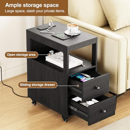 Narrow End Table with Charging Station and Wheels, Movable Narrow Sofa Side Table with USB Ports and Outlets for Small Space, Living Room, Bedroom and Office, Bedside with 4 Wheels (Black) - color: [A1] Black
