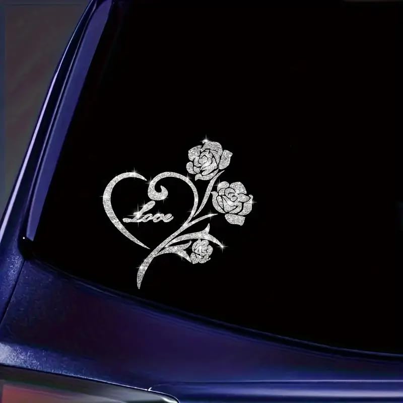 2pcs Sparkling Sunflower Heart Shaped Rose Self-Adhesive PVC Rainbow Glittery Decal Sticker for Cars, Laptops, Trucks, Motorcycles Wall Window Luggage Scratch Cover Door Multi-Surface Decor Sticker
