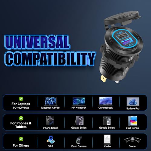 2 Pack 12V USB C Outlet PD 100W Car USB Port for Laptop and QC3.0 18W Car Charger Socket Aluminum Alloy, Fast Charging Cigarette Lighter Replacement DIY Accessary for RV MarineTruck Boat Golf