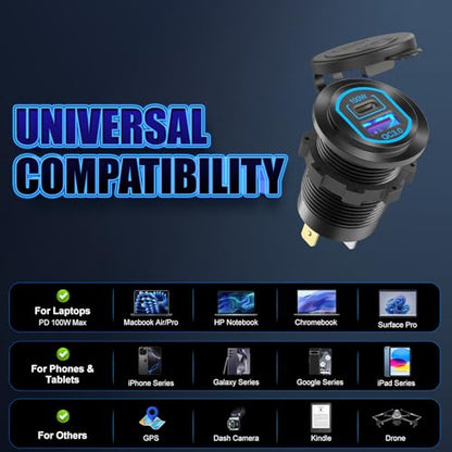 2 Pack 12V USB C Outlet PD 100W Car USB Port for Laptop and QC3.0 18W Car Charger Socket Aluminum Alloy, Fast Charging Cigarette Lighter Replacement DIY Accessary for RV MarineTruck Boat Golf