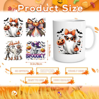 Rngmsi 20 Pcs Halloween UV DTF Cup Wrap Ghost UV DTF Stickers for 16 OZ | 3.1x3.1 Inch, Waterproof, Halloween Ghost Design, UVDTF Transfer Decals for Glasses Cups Mug DIY Crafts - style: Halloween