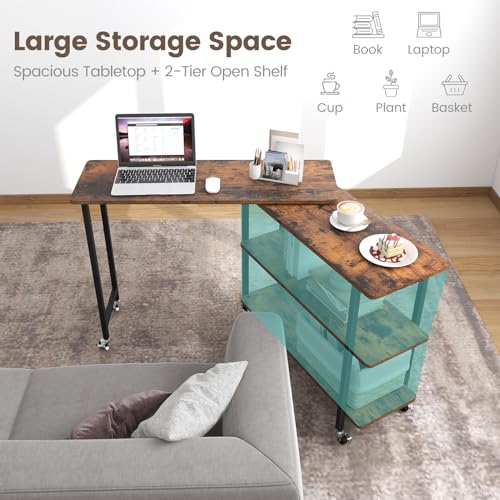 Giantex 360° Free Rotating Sofa Side Table, Mobile L-Shaped Laptop Desk with Sturdy Metal Frame, 6 Universal Casters, Movable Couch Snack Table with 2-Tier Storage Shelf for Home (Rustic Brown) - color: Rustic Brown