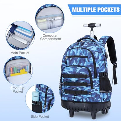 ACESAK Camo Rolling Backpack Boys, Tactical Kids Backpack Boys, Kids Suitcase for Boy Teens Elementary Middle High School, Military Backpack with Wheels and Lunch Bag Pencil Case Set (Camo Blue) - color: Camo Blue