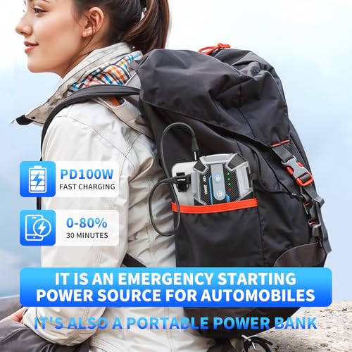 2000A Battery Jumper PD100W Fast Charging Portable Power Bank IP67 Waterproof Jump Box for Car,Exclusive Magnetic Hook, 4 Mode LED Flashlight,12V Portable Battery Booster for Cars Trucks SUV