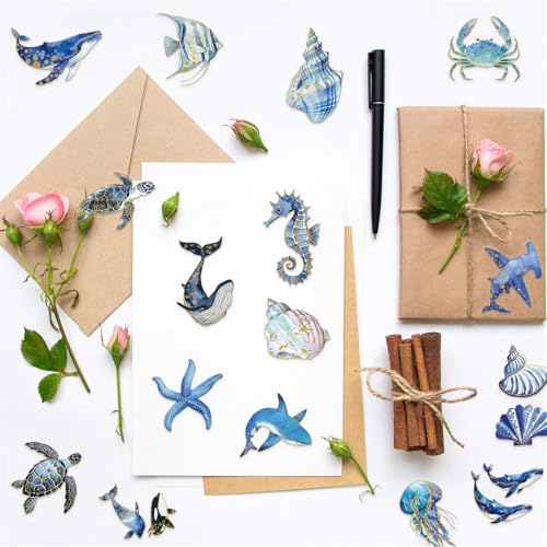50PCS Cute Marine Life Gold-Embossed Waterproof Stickers for Water Bottle, Cool Marine Creatures Transparent Stickers Pack for Laptop, Scrapbook, Ocean Animal Blue Golden Decals Gift (Colourful-B7) - color: Colourful-b7