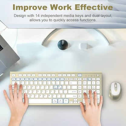 Rechargeable Wireless Keyboard and Mouse with Number Pad Gold | Quiet Silent, Slim Thin Flat Low Profile Soft Key, USB C, with Skin Cover, Ergonomic Mouse, for Mac Windows PC, Home Office - color: Gold